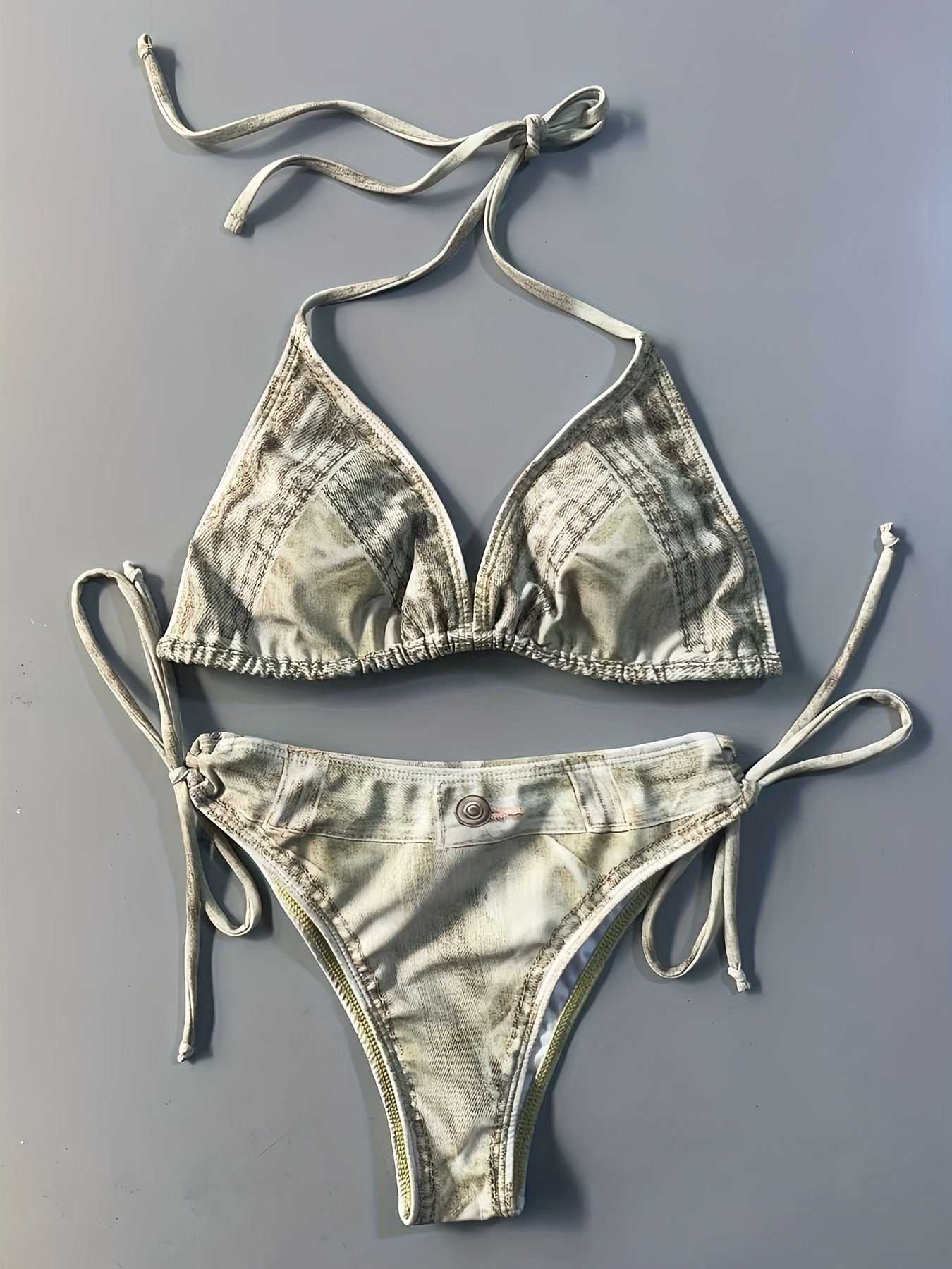 Faux Denim Print Triangle 2 Piece Set Bikini, Tie Strap Halter Backless Swimsuits, Women's Swimwear & Clothing