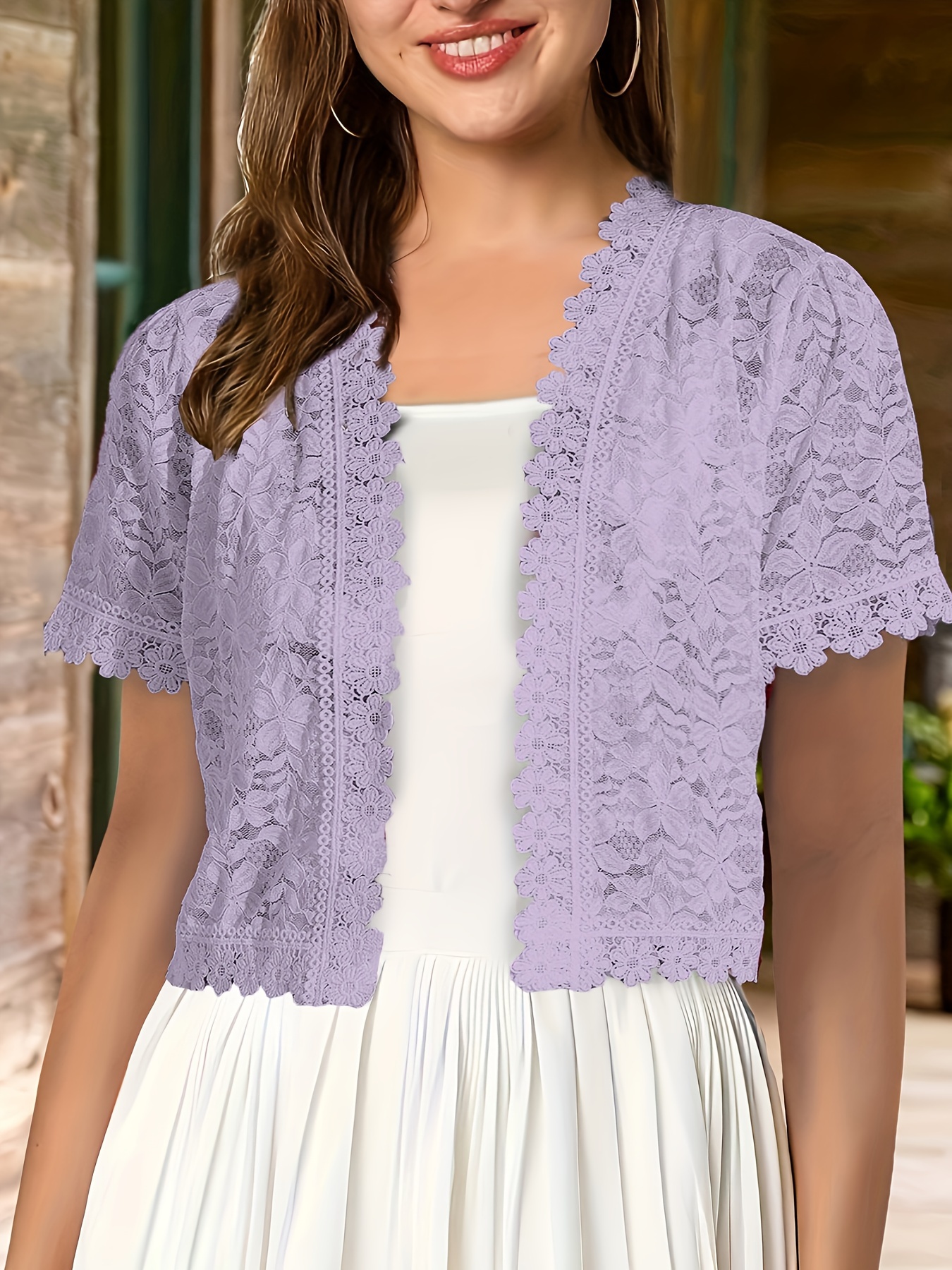 Women'S Elegant Yellow Lace Short Sleeve Cardigan - Sheer V-Neck, Short Length, All-Season Wear, Perfect for Formal Events and Casual Attire, Formal Attire|Elegant Lace Design|Sheer Fabric, Lace Coverup
