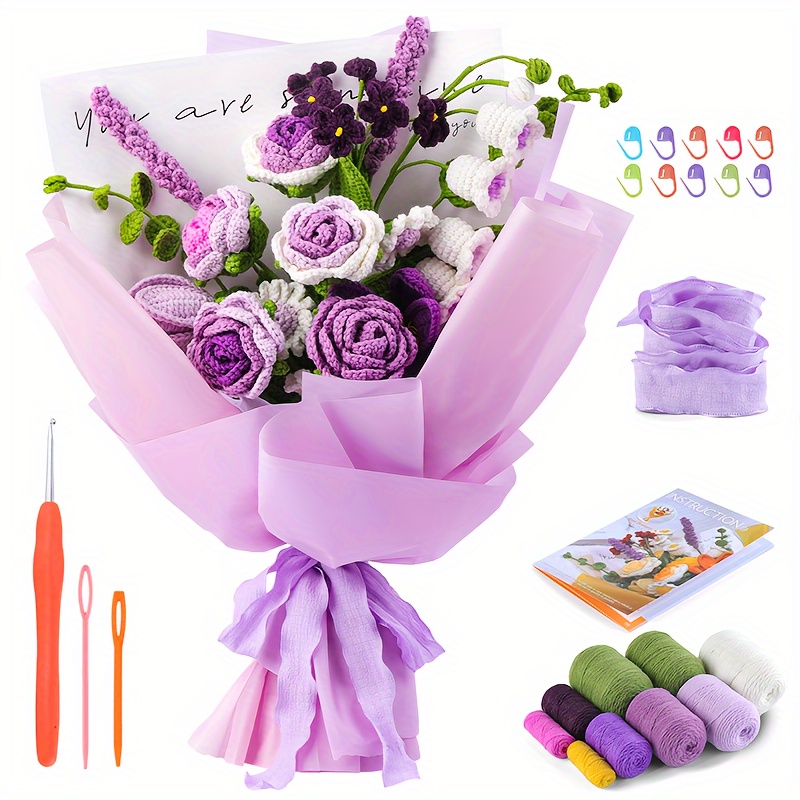 

Crochet Kit, Flower Bouquet Crochet Kit Purple Rose, Crochet Starter Kit With Video Tutorials For Birthday Anniversary Day Gifts(random Color Of Accessories)