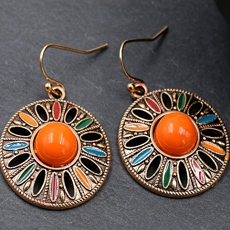 2pcs Retro Bohemian Style Geometric Round Women's Dangle Earrings Vacation Female Ear Drops