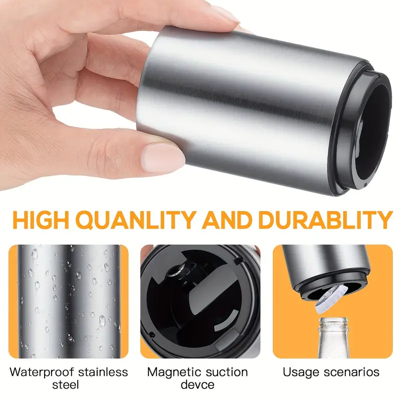 1pc premium beer bottle opener metal automatic magnetic glass bottle cap opener stainless steel push bottle opener for home picnic camping bars parties etc silver details 1