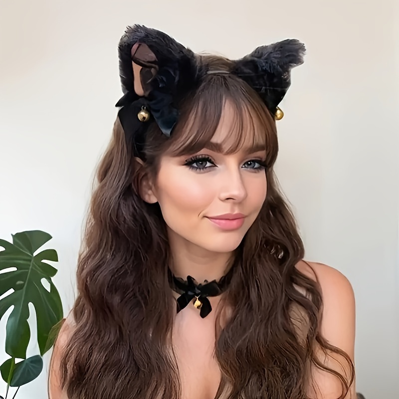 TEMU Adorable Plush Cat Ear Headband Set With Bow - Perfect For Cosplay, & Christmas Costume Accessories