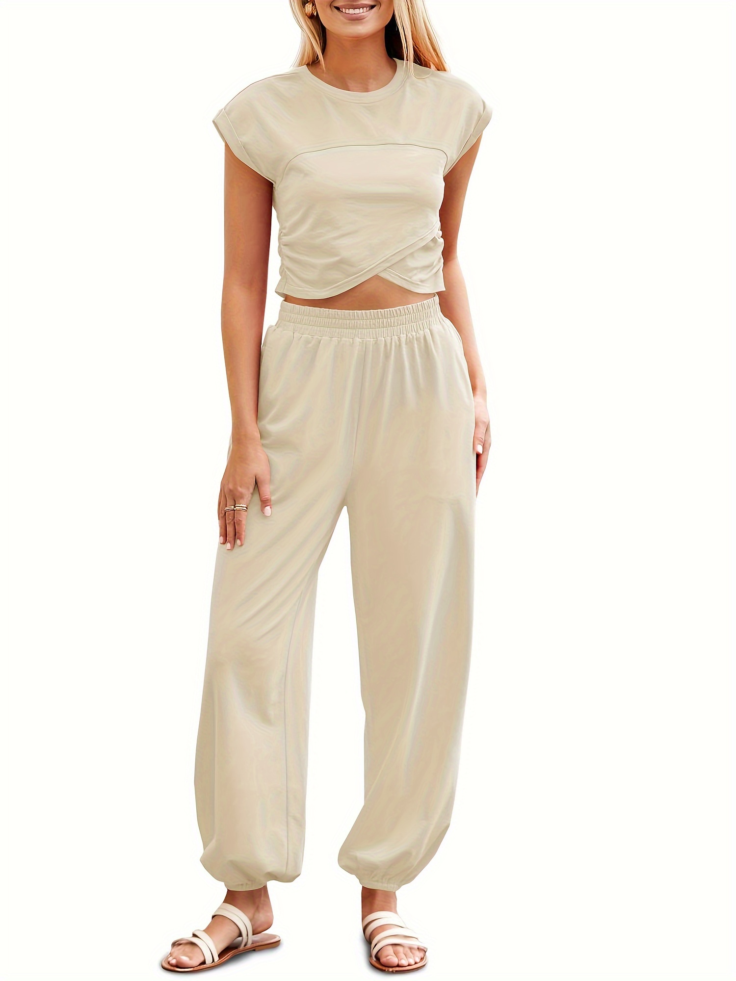 Outfit Cómodo Verano Conjunto Chándal De 2 Piezas Para Mujer CheChury - Camiseta Manga Corta Y Pantalón Holgado, Cómodo Para Estar En Casa O Salir Conjunto Verano Mujer Poliéster