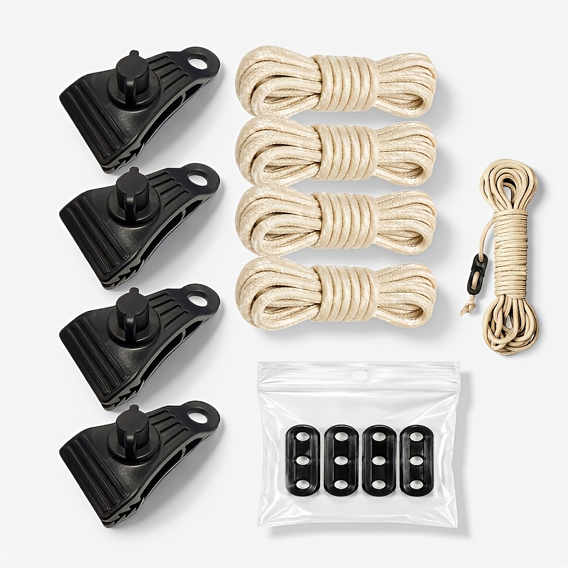 TEMU Pinces robustes pour le camping air, lot de 12 pinces de bâche renforcées, comprenant 4 pinces robustes et 4 cordes longues de et 4 ajusteurs de