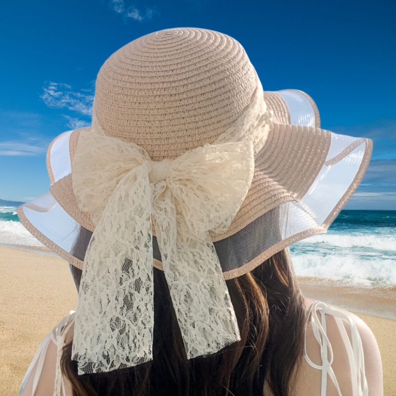 womens elegant large wide brim sun hat beige brown lace - Temu display picture 1
