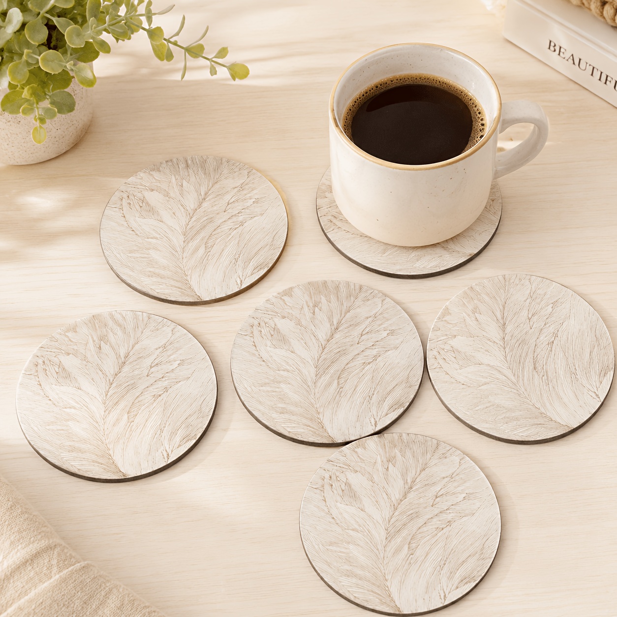 TEMU Cet essuie-verre en bois de style naturel facile à utiliser présente un design rond avec des de veines claires, un frais et esthétique. Il