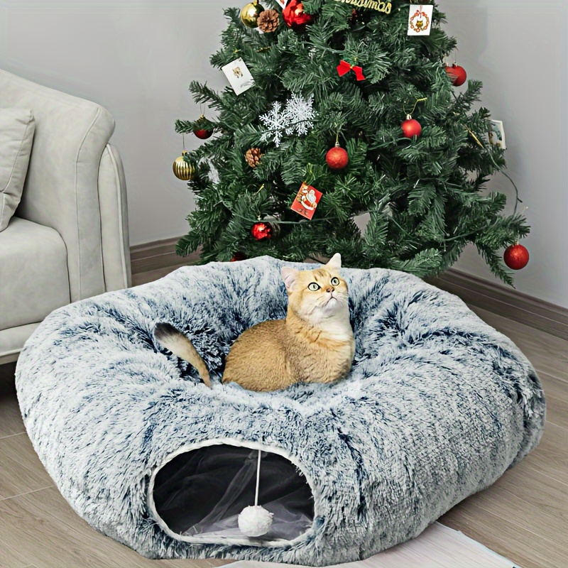 

Cozy Plush Cat Cave Bed With Central Pad - Large Play Tunnel Toy For Cats, Kittens, Small Dogs & Rabbits