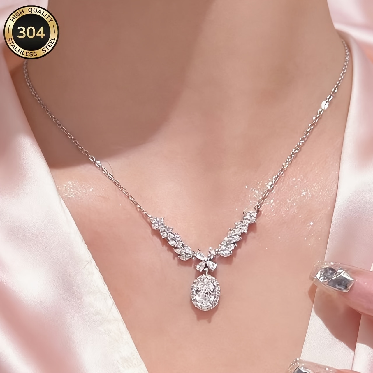 TEMU A Ladies' Fashion Necklace, Ins High-end Versatile Pendant, 304 Stainless Steel, Non-fading Necklace For Women, With Cubic Zirconia. Easy And