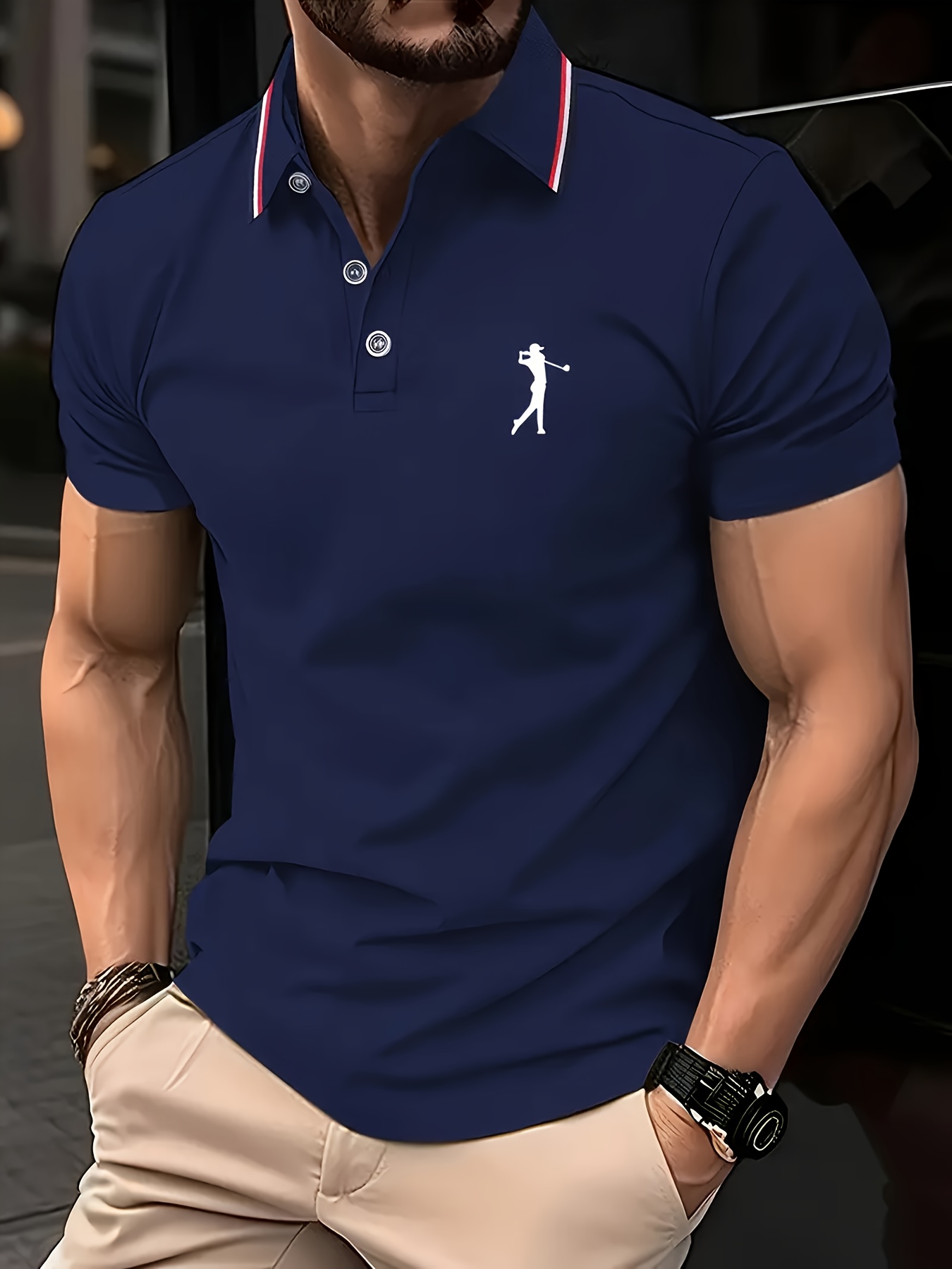 Men's Short Sleeve Shirt - White with Red Golf Print, Striped Collar & Cuffs, Breathable Summer Golf & Casual Wear, Machine Washable Regular Fit, Durable Fabric