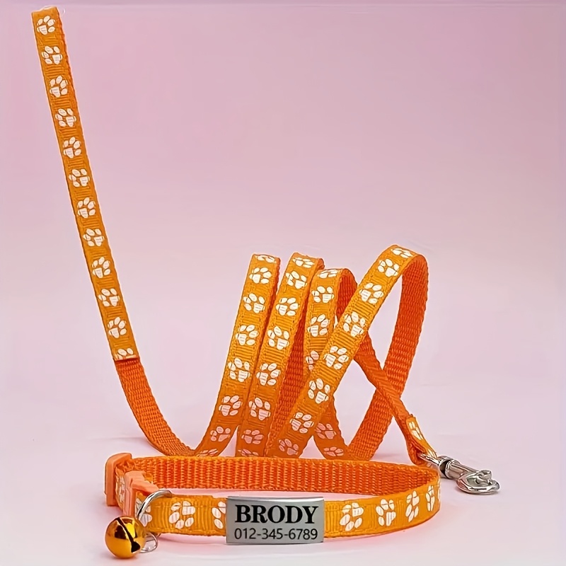 TEMU Custom Pet Collar And Leash Set, Paw Print Cat Collar And Pet Tag Customization, For Outdoor Walking Suitable For Puppies And Cats, Without