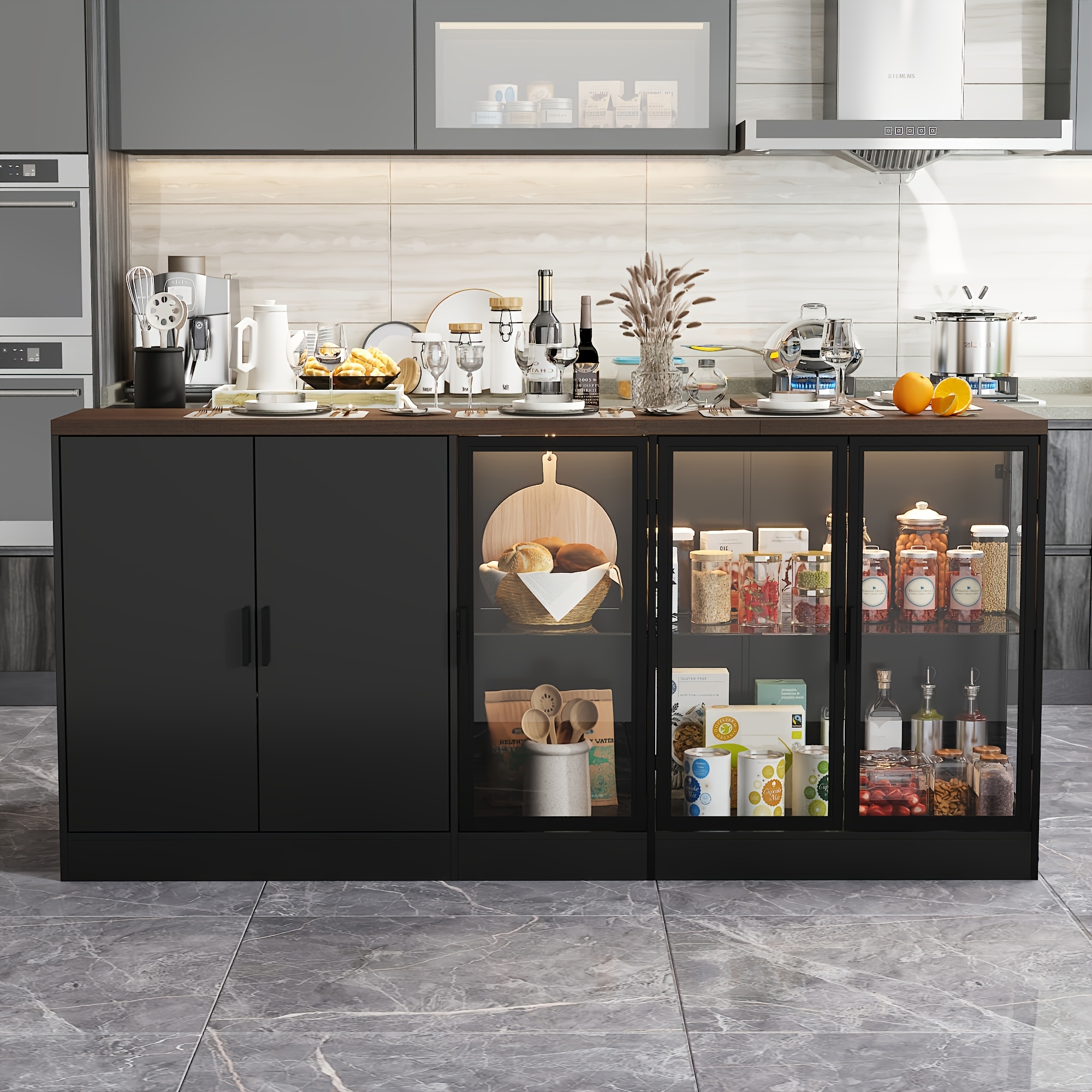 TEMU 77.6-inch Kitchen Island Featuring Glass Doors And A 3-color Led Light, A Contemporary 5-door Sideboard Kitchen Pantry Cabinet Equipped With 3