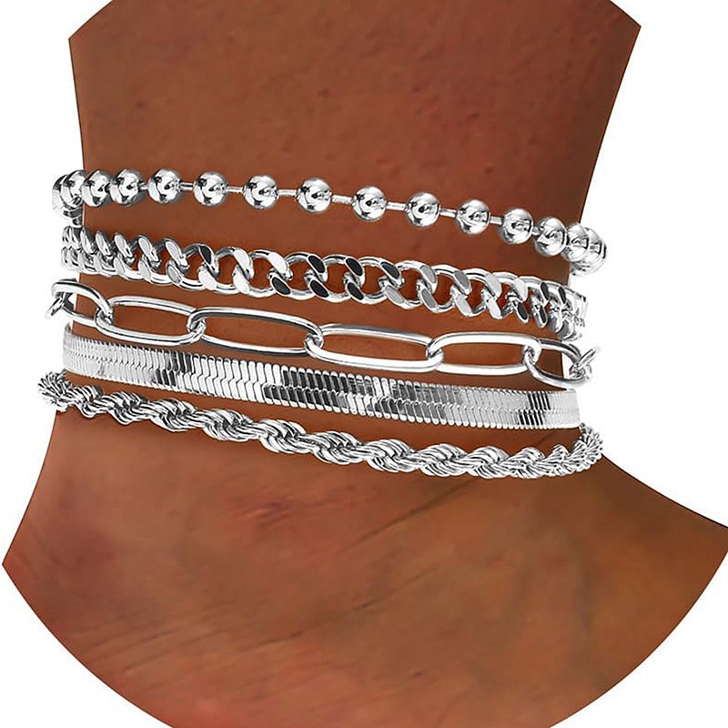 5pcs Silvery Cuban Chain Bracelets Set, Handcrafted