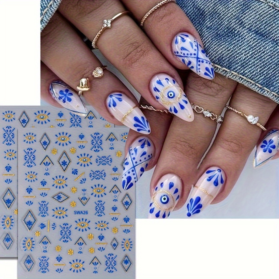 

2-pack Blue Boho Nail Art Stickers - Geometric Evil Eye & Vine Designs, Self-adhesive Glitter Decals For Diy Manicure Nail Stickers For Nail Art Nail Decals For Nail Art