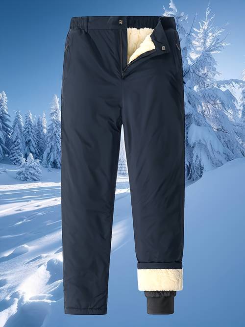 mens lined winter pants with fur trim casual windproof zippered pockets elastic waistband polyester black navy plush cuffs and hem details ideal for cold weather outdoor activities and winter wear