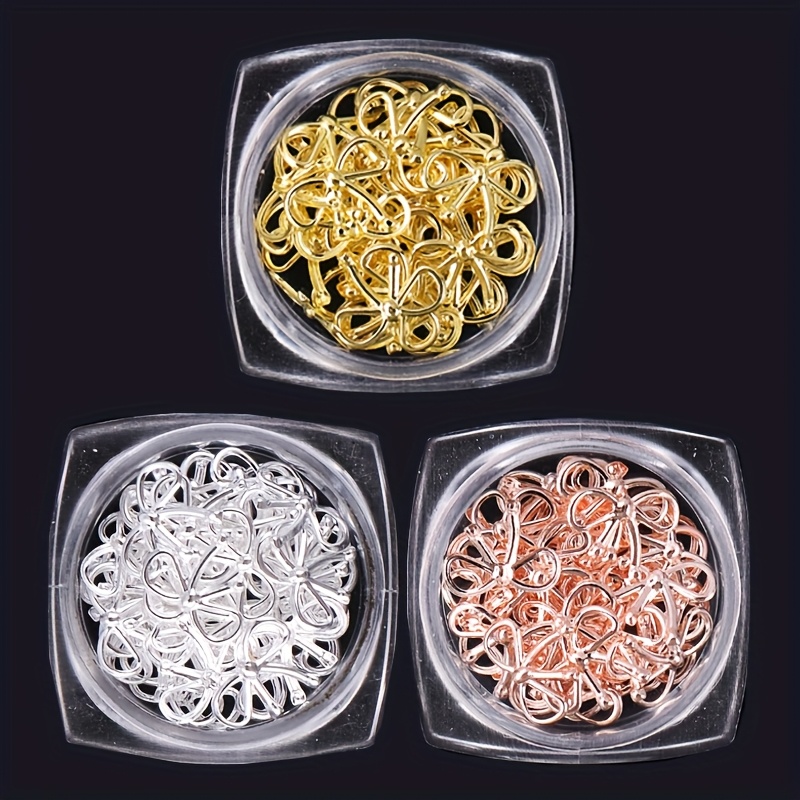 Image of 3 Boxes Of Metal Rivet Bow Nail Decorations, Rose Golden Silvery Three-dimensional Nail Additions, Salon, Nail Art Supplies