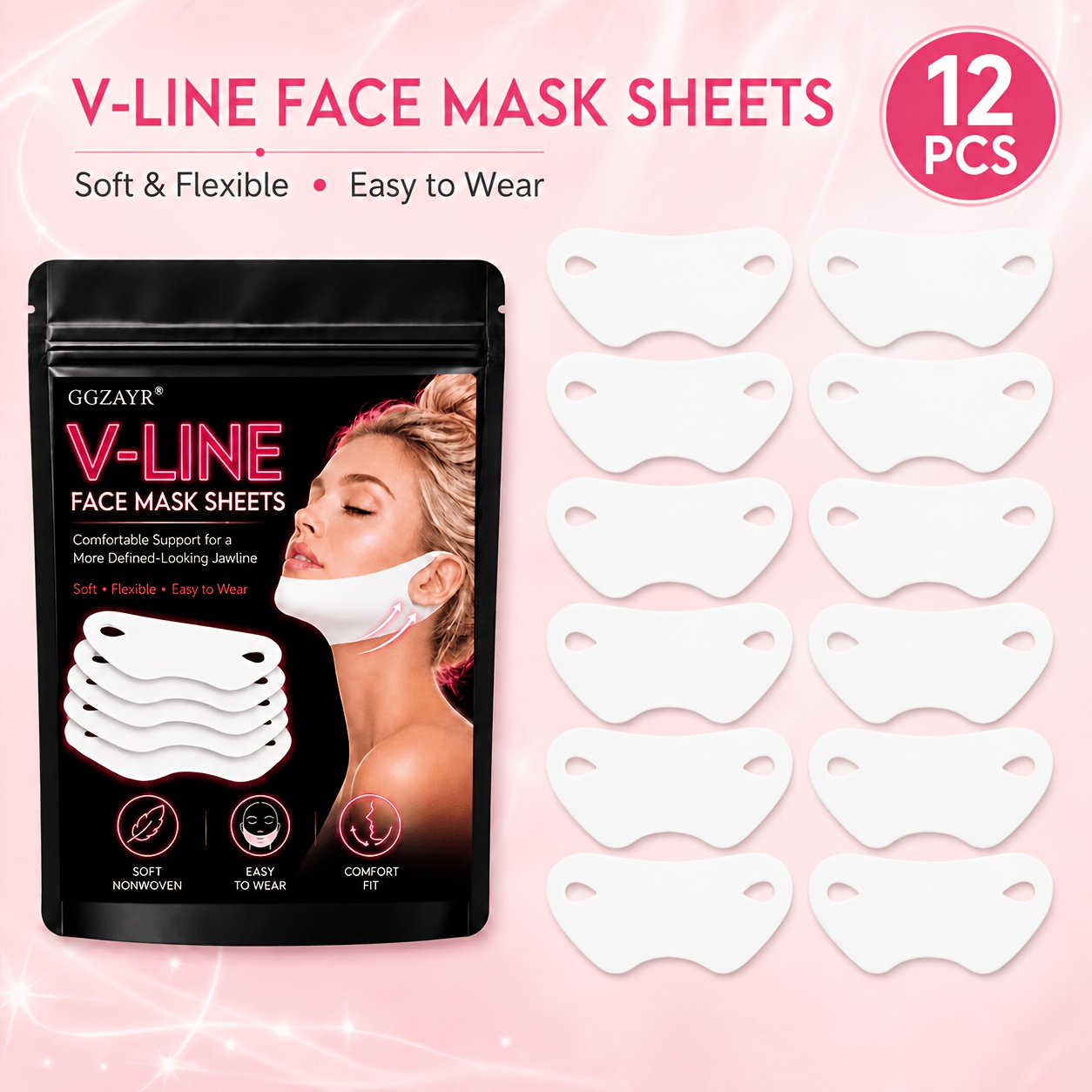 TEMU 12-pack V-shaped Lifting Face Mask Sheets, Flexible Under- Wraps For A More -looking Jawline, Easy-to-wear Self- For Women