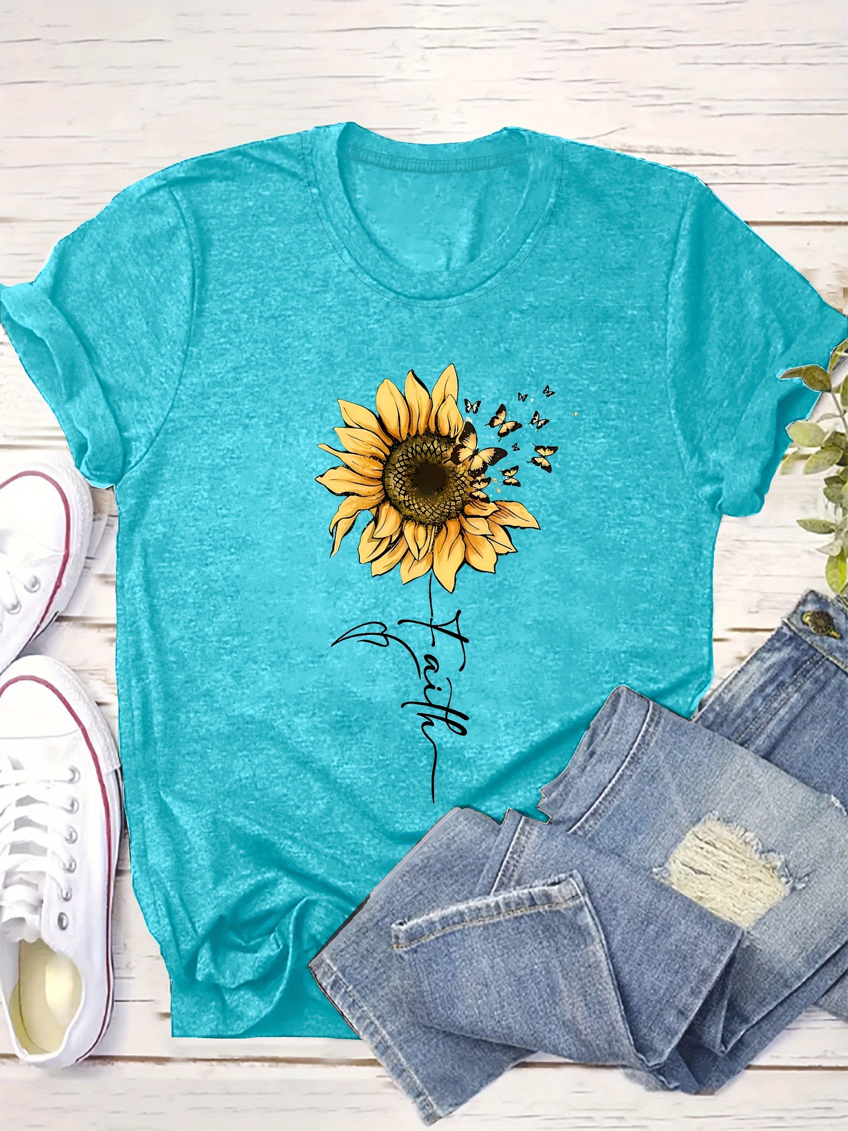 Sunflower Print Short Sleeve T-shirt, Casual Crew Neck Top For Spring & Summer, Women's Clothing
