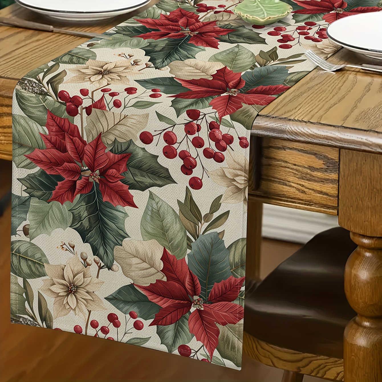 

1pc Polyester Christmas Table Runner - Rectangular Woven Table Decoration With Vintage Poinsettia And For Holiday , Indoor/outdoor , 33x183cm