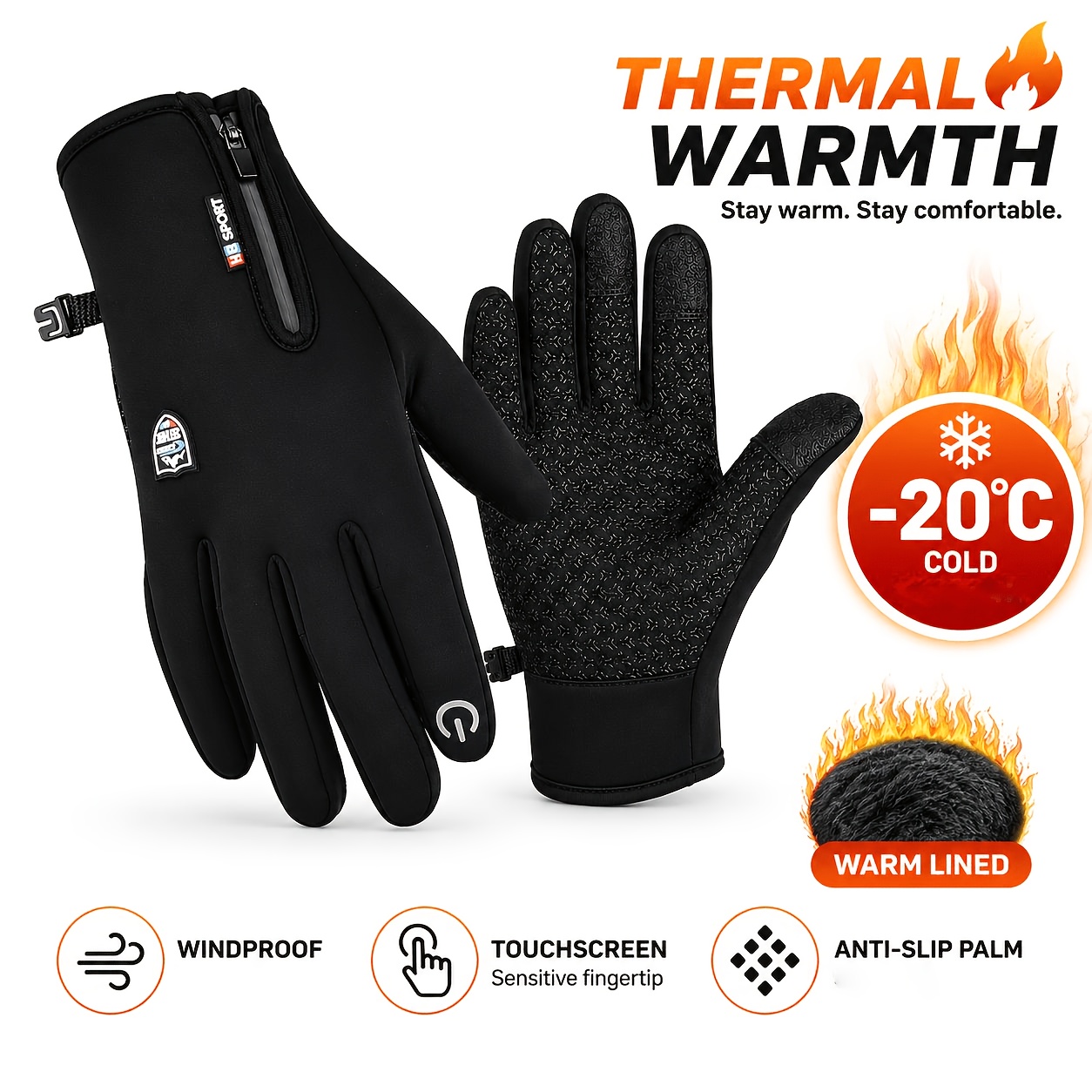 TEMU Unisex Winter Warm Gloves, Men's Winter Cycling Gloves, Outdoor Sports Gloves, Warm, Windproof, Non-slip Grip, Zip Closure, Touchscreen