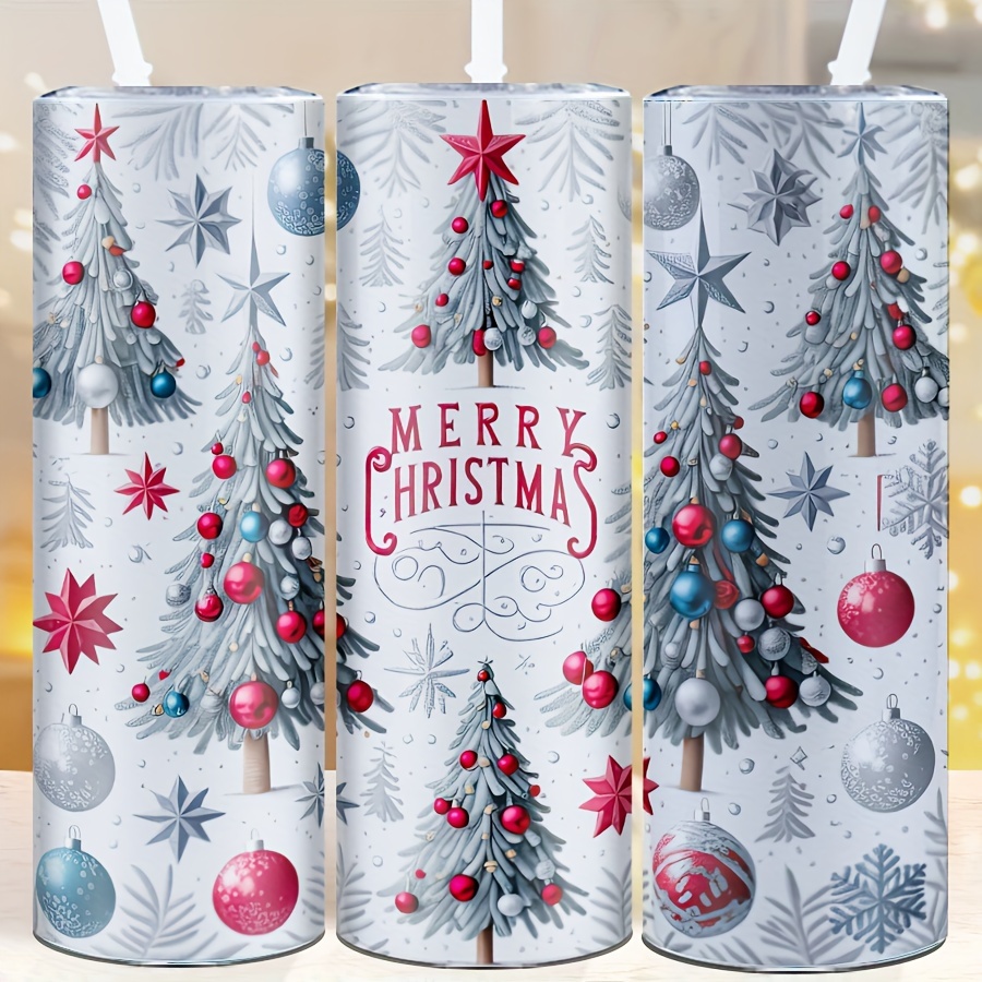 

Set Of 1, 20oz Stainless Steel Skinny Tumbler With Christmas Tree & Merry Christmas Design, Vacuum Insulated Travel Coffee Mug With Lid And Straw, Thermal Cup For Holidays/birthdays/back To School