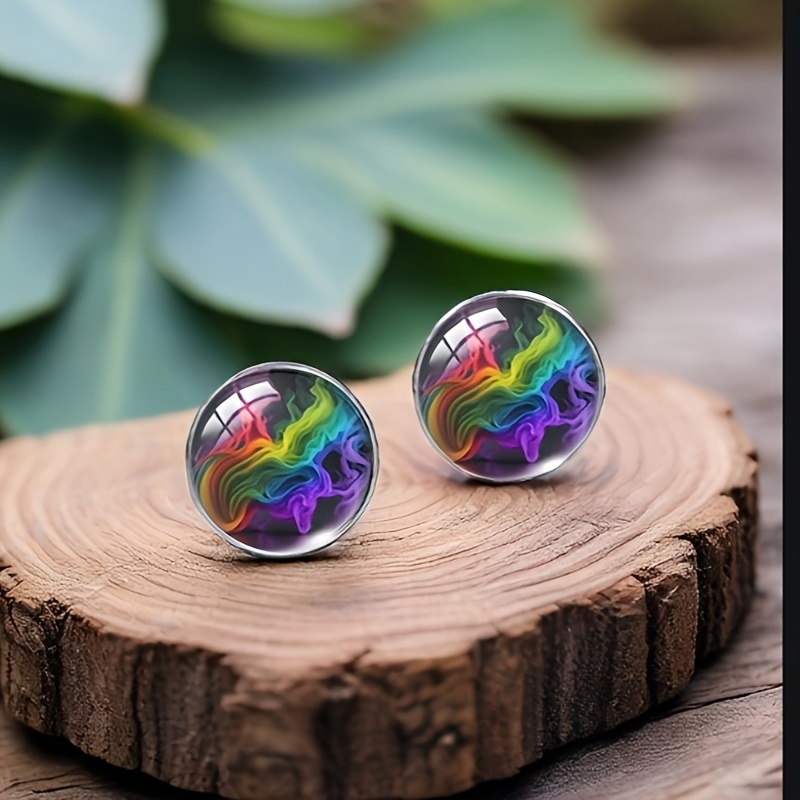 Image of 1 Pair Of Ai-generated Rainbow Smoke Glass Earrings, Colorful Studs For Hippie Bohemian Music Fans Of The 60s And 70s, Concert Jewelry
