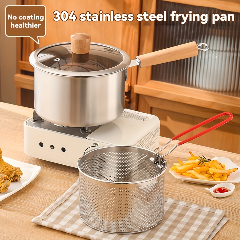 

304 Stainless Steel Mini Deep Fryer With Basket, Japanese Pan For Fish & Fries, Portable Metal Camping Cooker, With Lid And Non-slip Handle, Compatible With Induction Cooktops, No Power Required