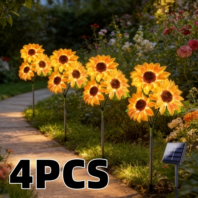 TEMU 4pcs Sunflower Outdoor Lights With Solar Panel & Pole Stake System - Plug-free Installation Suitable For Garden, Pathway, Patio, Yard