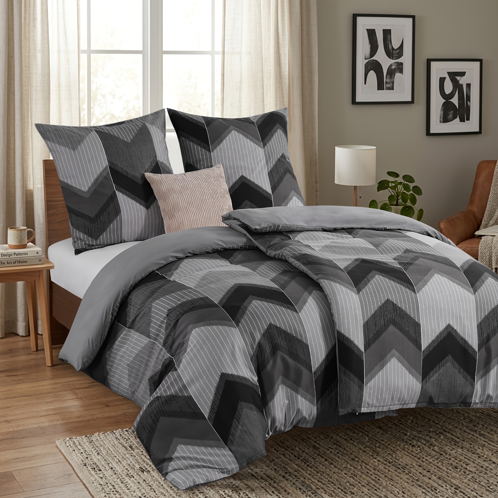 Bedding 135x200 Cm, 4pcs, Duvet Cover - Bedding 135 X 200 Cm, Grey And Bohemian Pattern, With 2 Pillowcases 80x80 Cm, 2pcs Duvet Cover With Zipper, Non-iron And Soft
