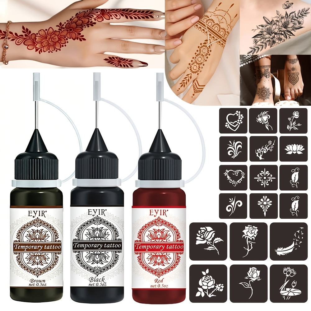 Image of 3pcs Tattoo Cream Kit With 18 Designs Stencil – Black, Brown, Red, Long-lasting, Waterproof, Sweatproof, For , Legs, Back, And More – Easy To Apply And Clean, Multiple Reusable Tattoo Patterns