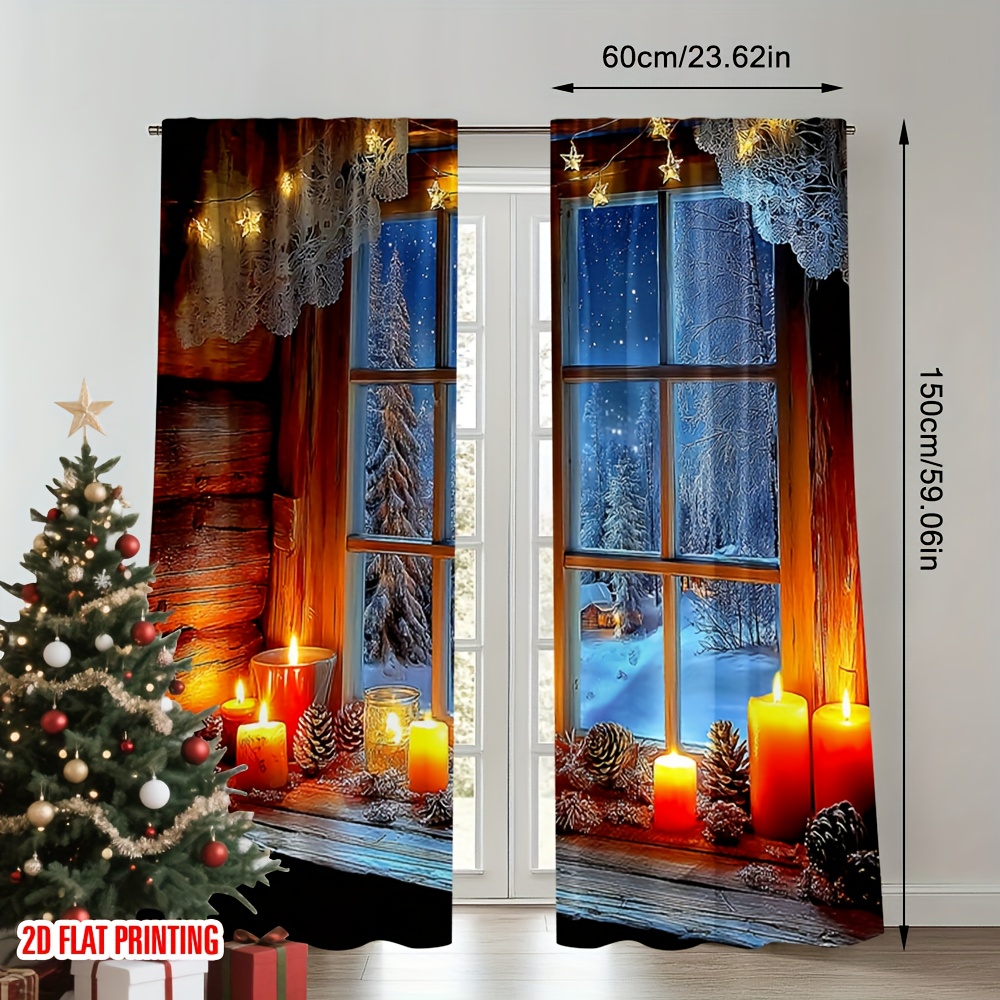 TEMU 2D Plat - Ensemble de 2 rideaux festifs 2D avec un motif de Noël avec Père Noël, et les bougies, fabriqués en polyester imprimé numériquement,