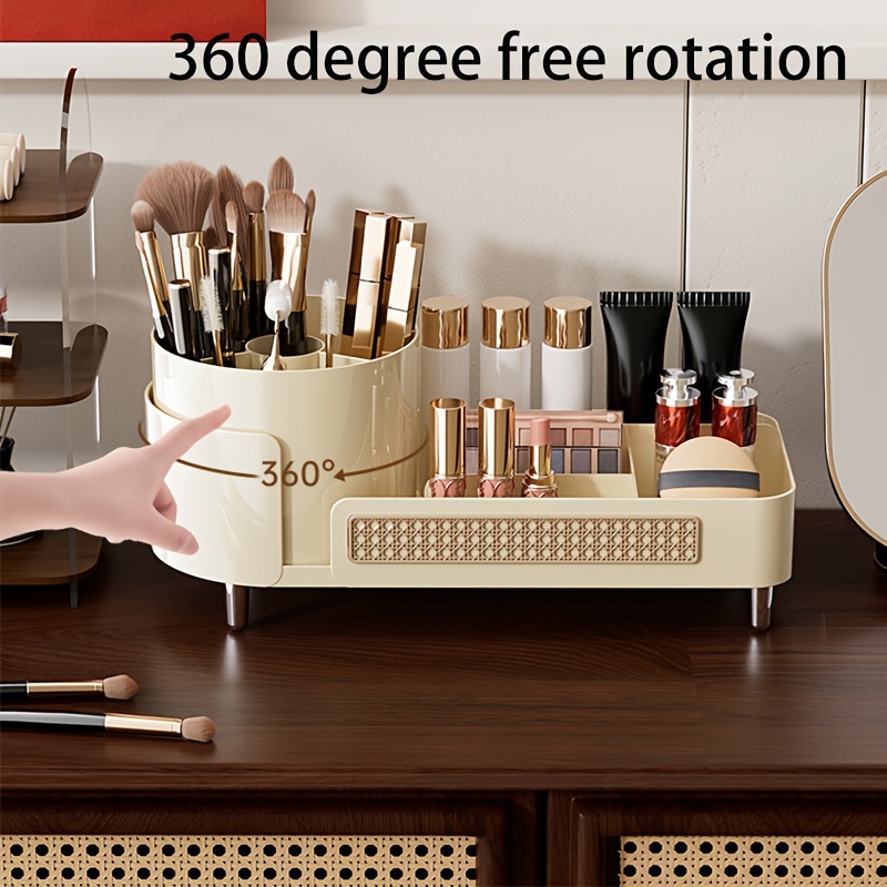 

360-degree Rotating Makeup Organizer - Large Capacity Cosmetic Storage Box With Skincare Compartment, 2-in-1 Bathroom Vanity Display Case For Women