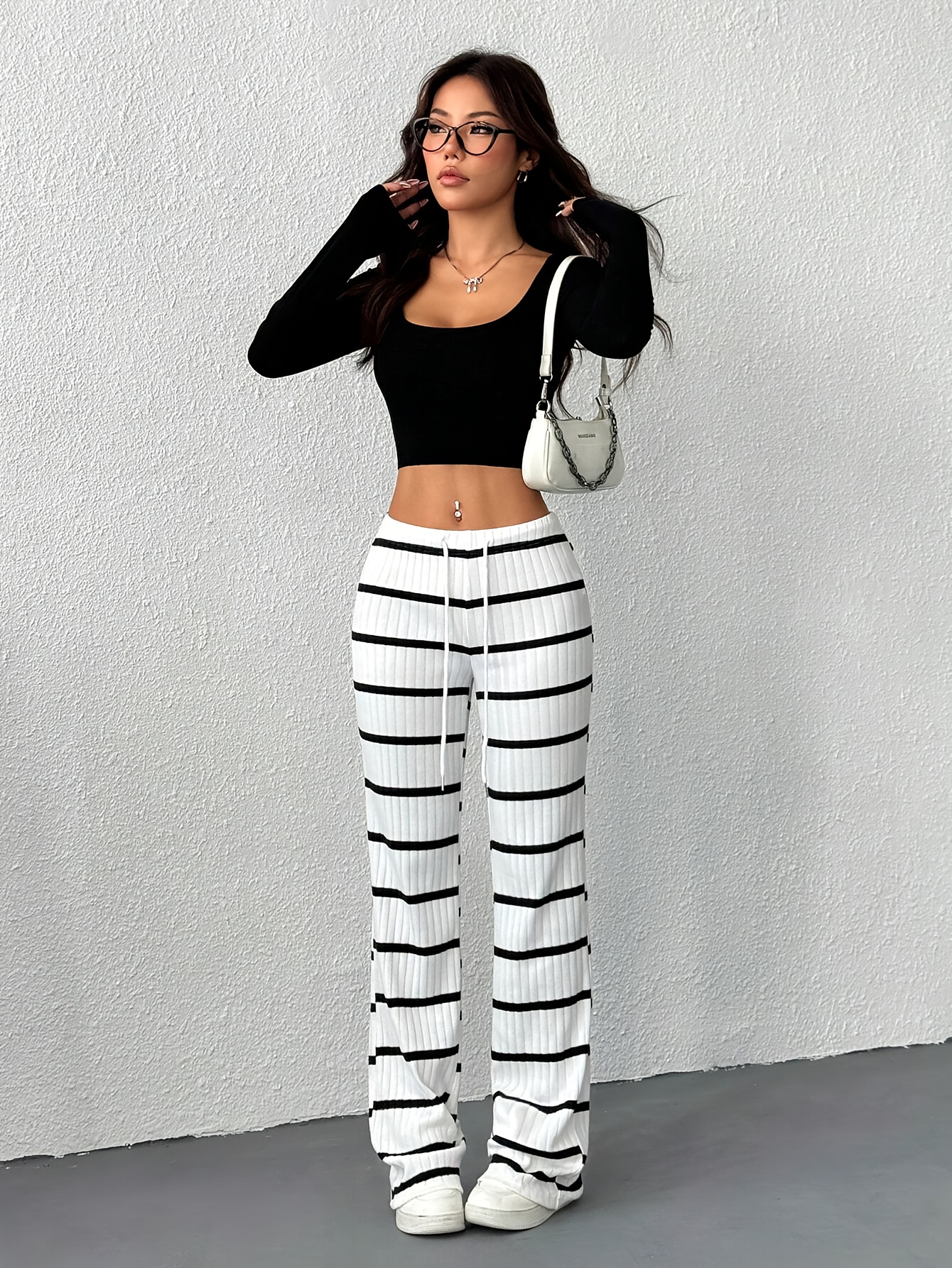 women's striped ribbed flare pants drawstring waist casual Temu