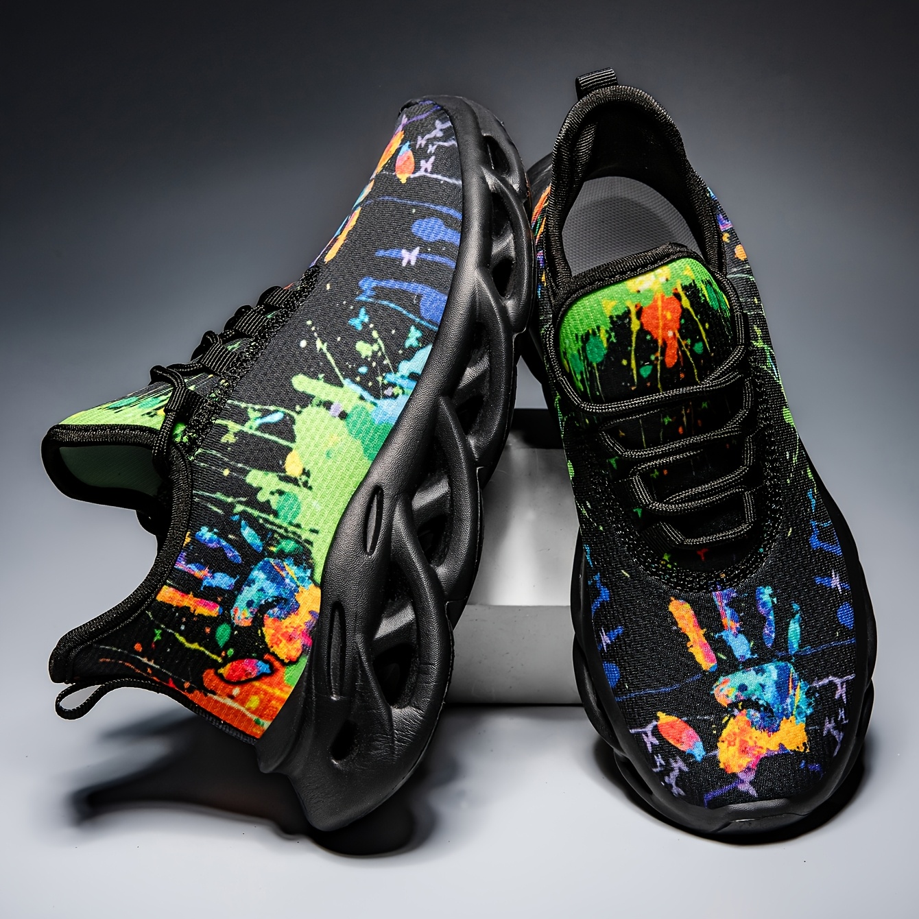 Image of Men's Graffiti Print Lightweight Running Shoes - Breathable, Shock-absorbing Sneakers With Soft Md Sole For Casual & Athletic Wear, Vibrant Colorful Design, Low-top Lace-up Style