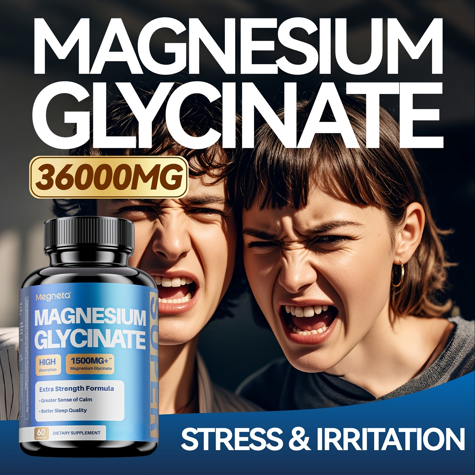 Megneta Magnesium Glycinate with Vitamins B6 & D3 for Sleep, Calm, Muscle & Heart Health, 60 Capsules