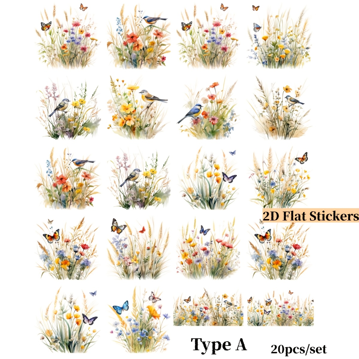 E-shop 20er-Set Vintage Wildblumen, Schmetterlinge Vögel Serie Handgemachte Aufkleber, 2D Flachdesign, 2D Flach