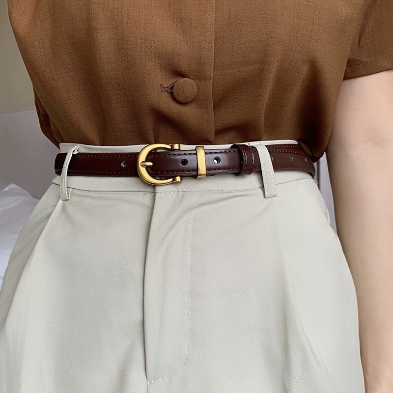 

Women's Faux Leather Belt, Retro Style Simple Golden Buckle Waistband, Versatile Solid Belts For Women