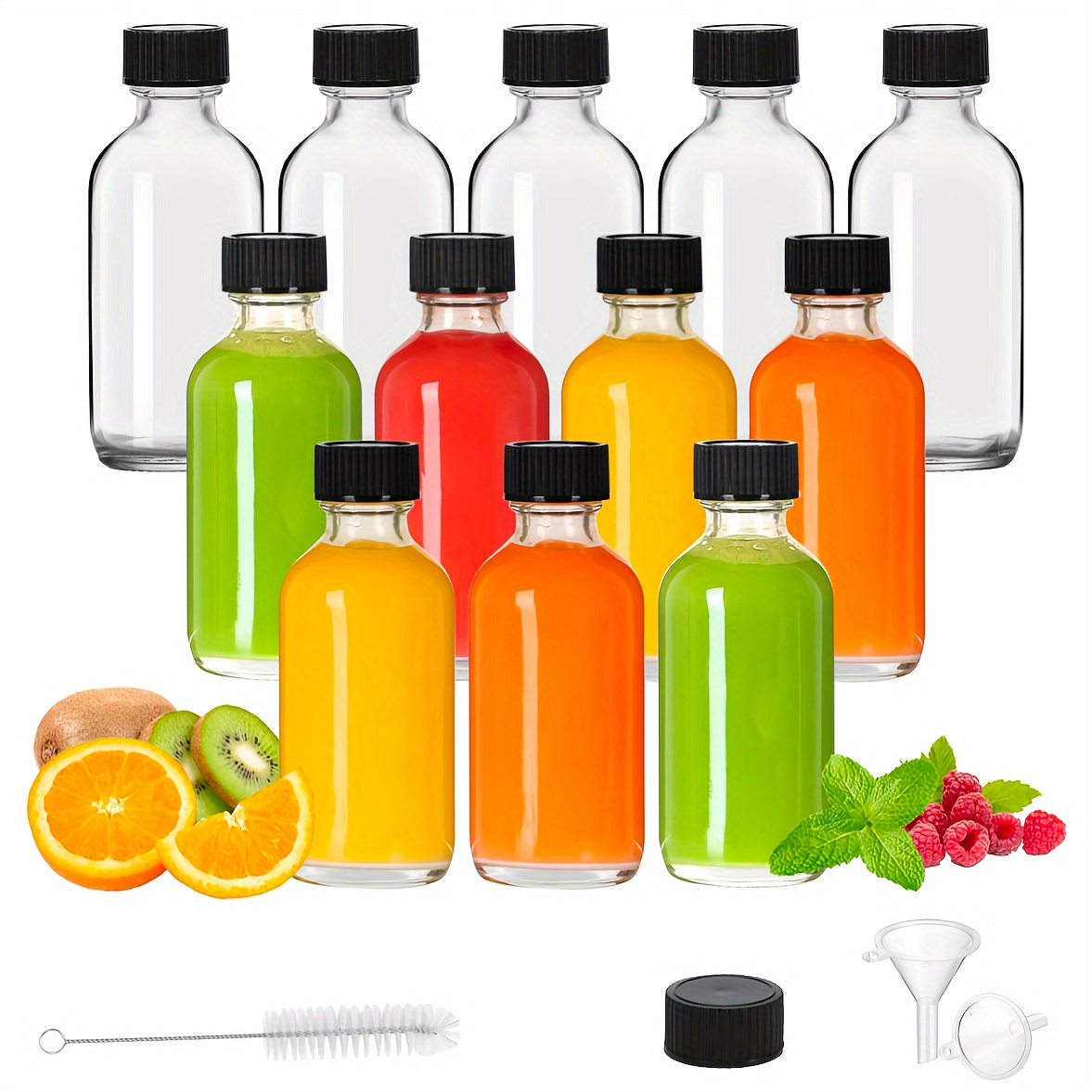 

14-piece Glass Bottle Set With Caps, 2oz - Multipurpose Mini Sample Containers With Labels, Funnels & Brush, Perfect For Wedding & Birthday Favors, Juice, Oils, Spirits, Beverages