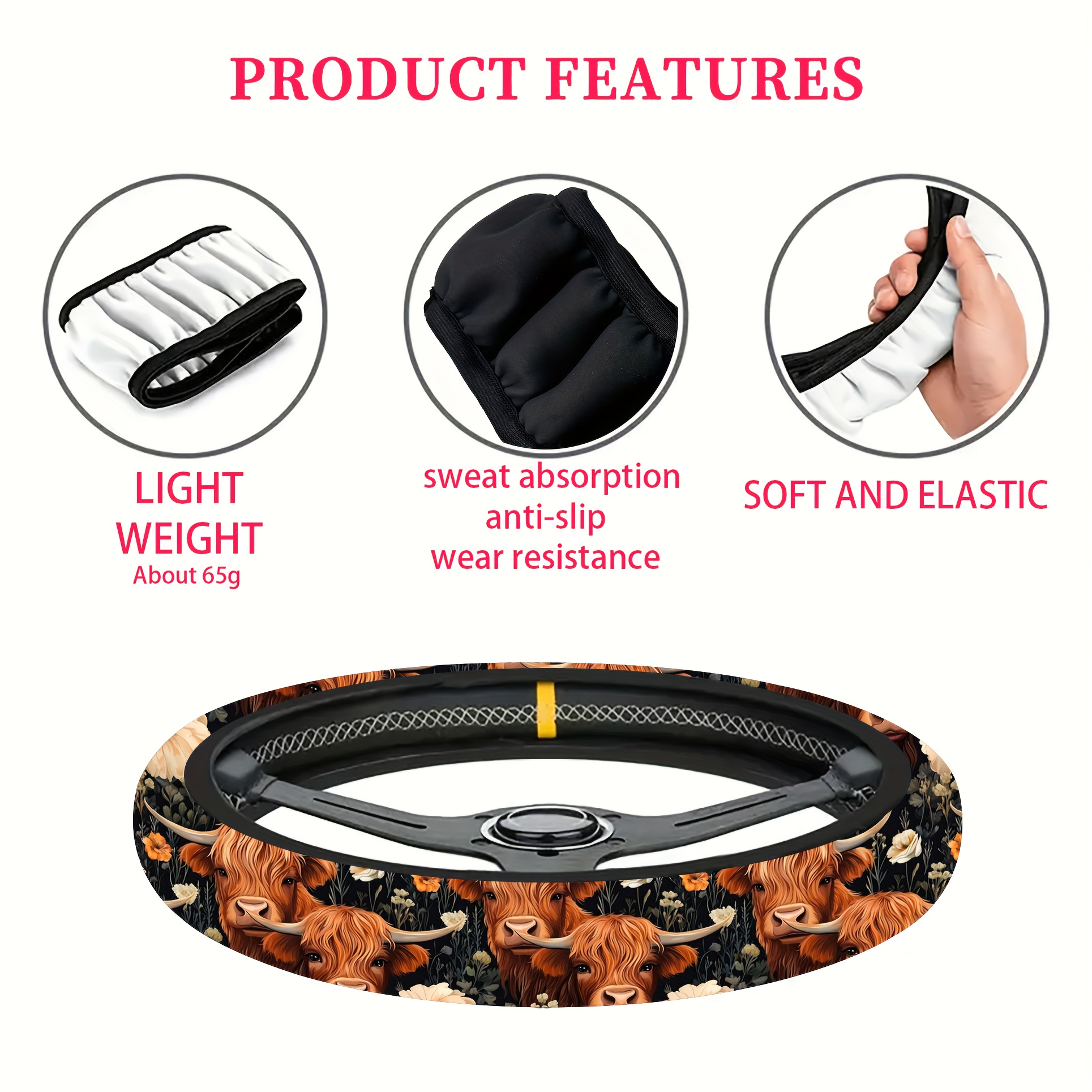 TEMU 1pc Neoprene Steering Wheel Cover, Cute Highland Cow Print Design, To Install 15-inch Universal Size, Car Interior Decoration