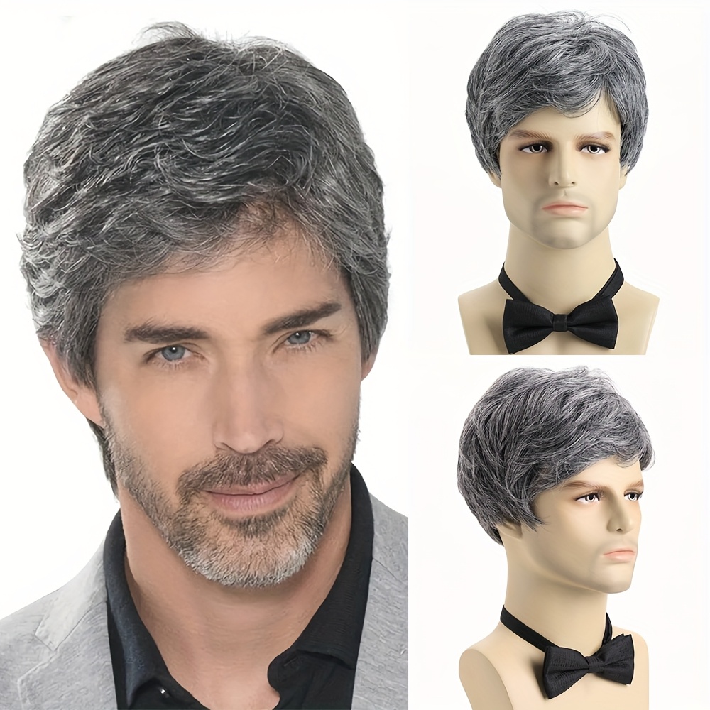 TEMU Stylish Men's Mixed Gray Short Curly Wig With Side Bangs - 10" Synthetic Fiber, Natural Look For Daily Wear, Cosplay, Halloween & Parties, Wig Accessories