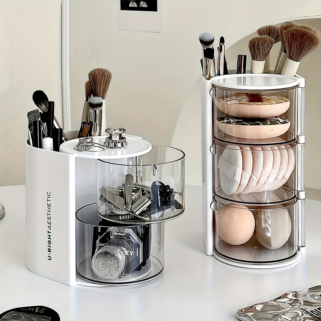 2 3 tier makeup organizer with brush holder dustproof white pink powder     dsktop cushions holder container with brushes case hair clip jewelry storage drawel bin   vanity table bathroom Product details 1