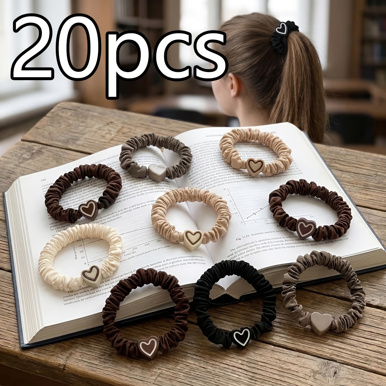 TEMU 20pcs Pendentif Cœur Haute Élasticité Ne Fait Pas Mal aux Cheveux Série Grand Cheveux Queue de Cheval Haut et Bas Boule Tête Peut Être Utilisé
