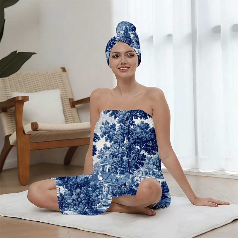 2D Flat, 2pcs Blue and White Classical Garden Scenery Bath Skirt, 2D FLAT Bath Skirt and Hair Drying Cap Set, for Bathroom/Beach/Gym/Sauna/Beauty Salon/SPA/Spa/Washroom, Soft/Quick-Drying/Absorbent/Stylish, Valentine's Day, 2D Flat