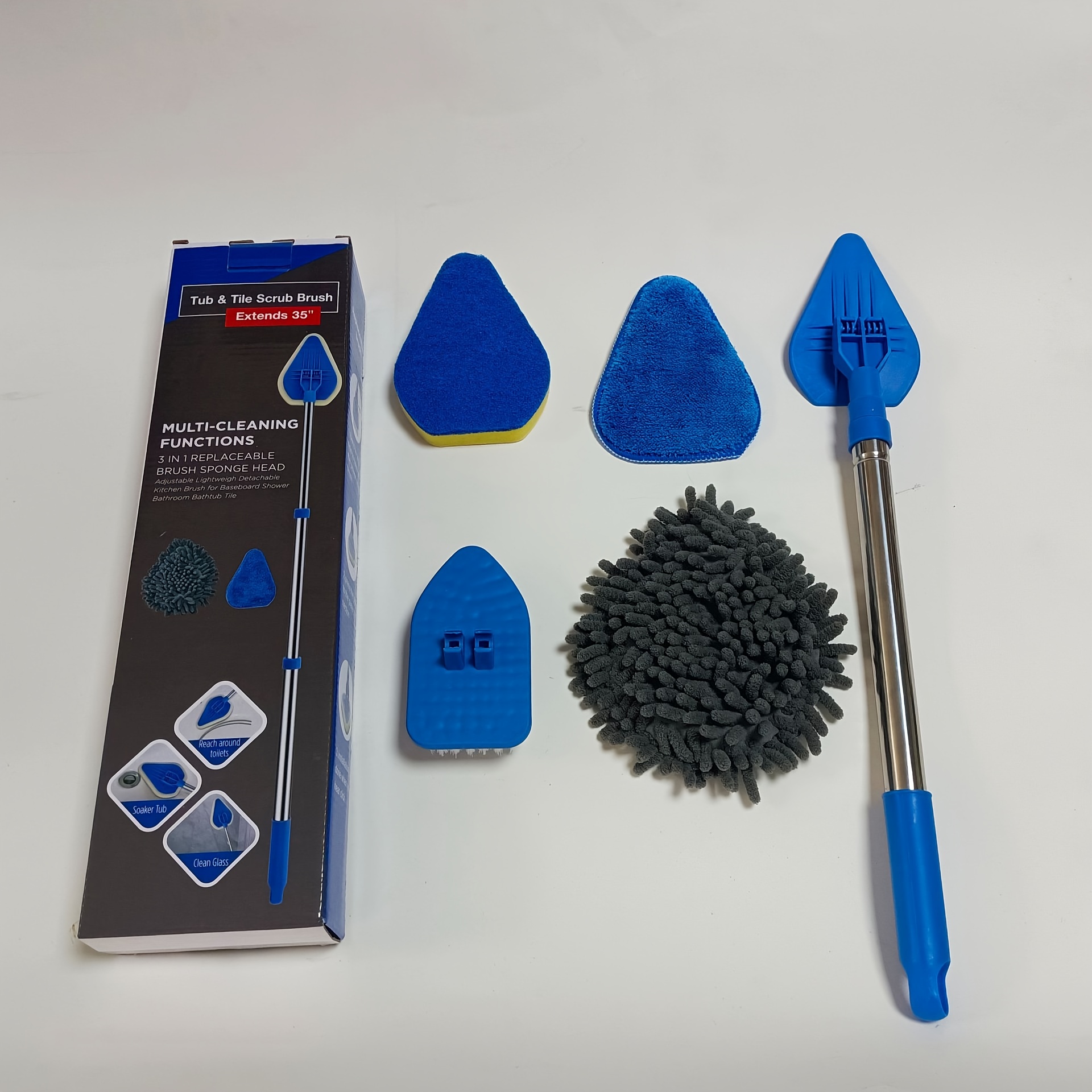 TEMU Set di spazzole per la pulizia 4 in 1, estensibile, setole dure e testine in spugna, spazzole in microfibra e velluto corallo, lavapavimenti