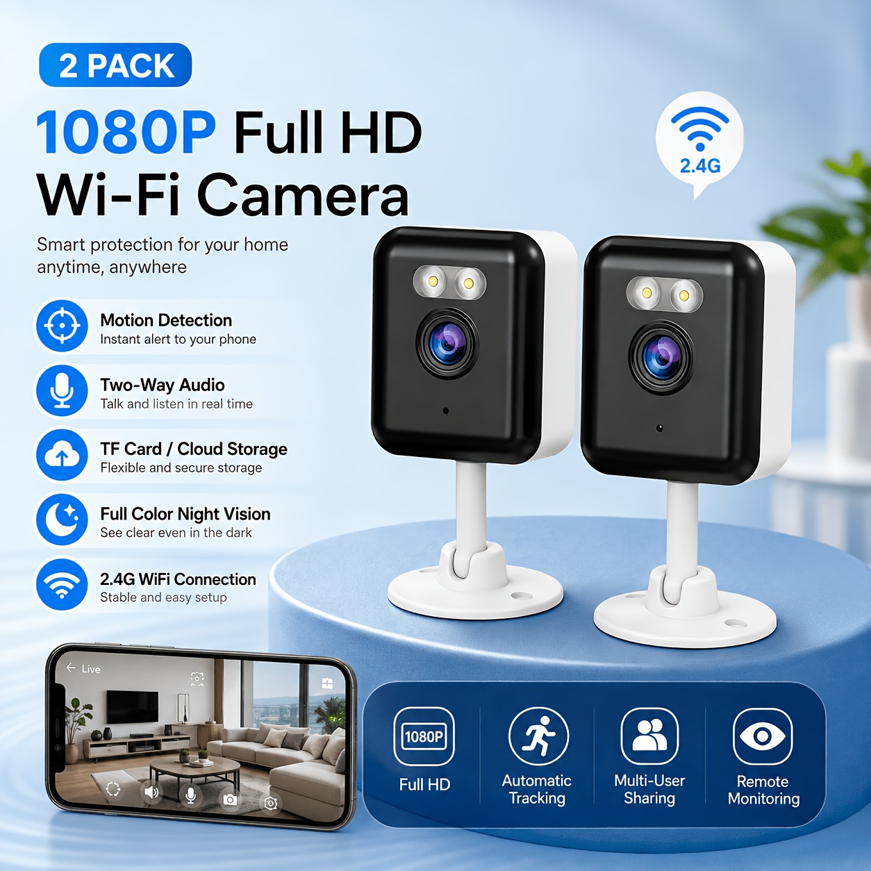 TEMU 2-pack Wifi Camera 1080p Full Hd, Indoor Home Security Camera With Audio, Night Vision & Motion Detection, Usb Powered, Tf Card Storage