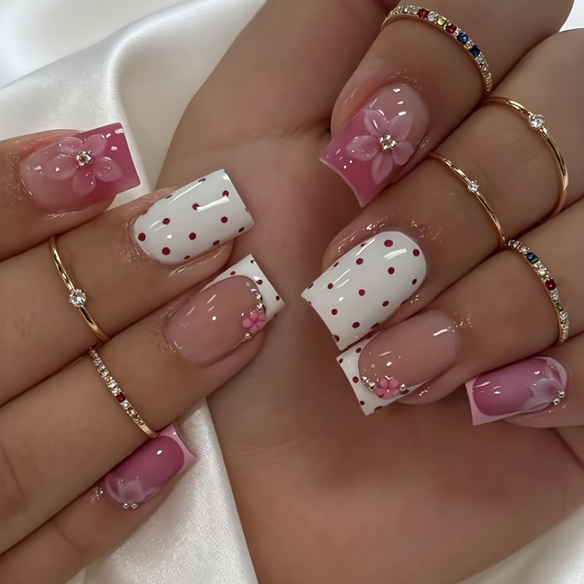 TEMU 24pcs Square Spring And Summer Powder With Background, Small Wave Dots, Three-dimensional Cherry Broken Diamonds, White Highlighting, Detachable