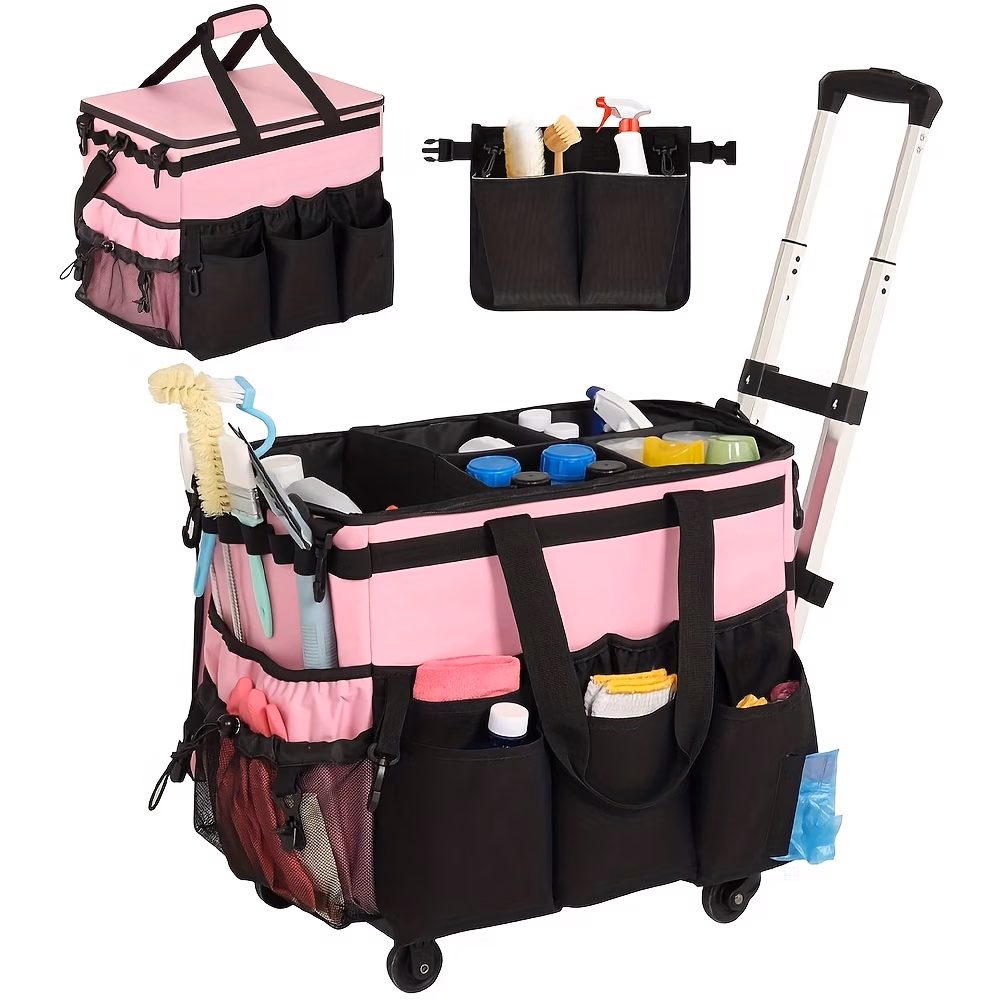 A Versatile Cleaning Caddy Bag on Wheels with a Re...