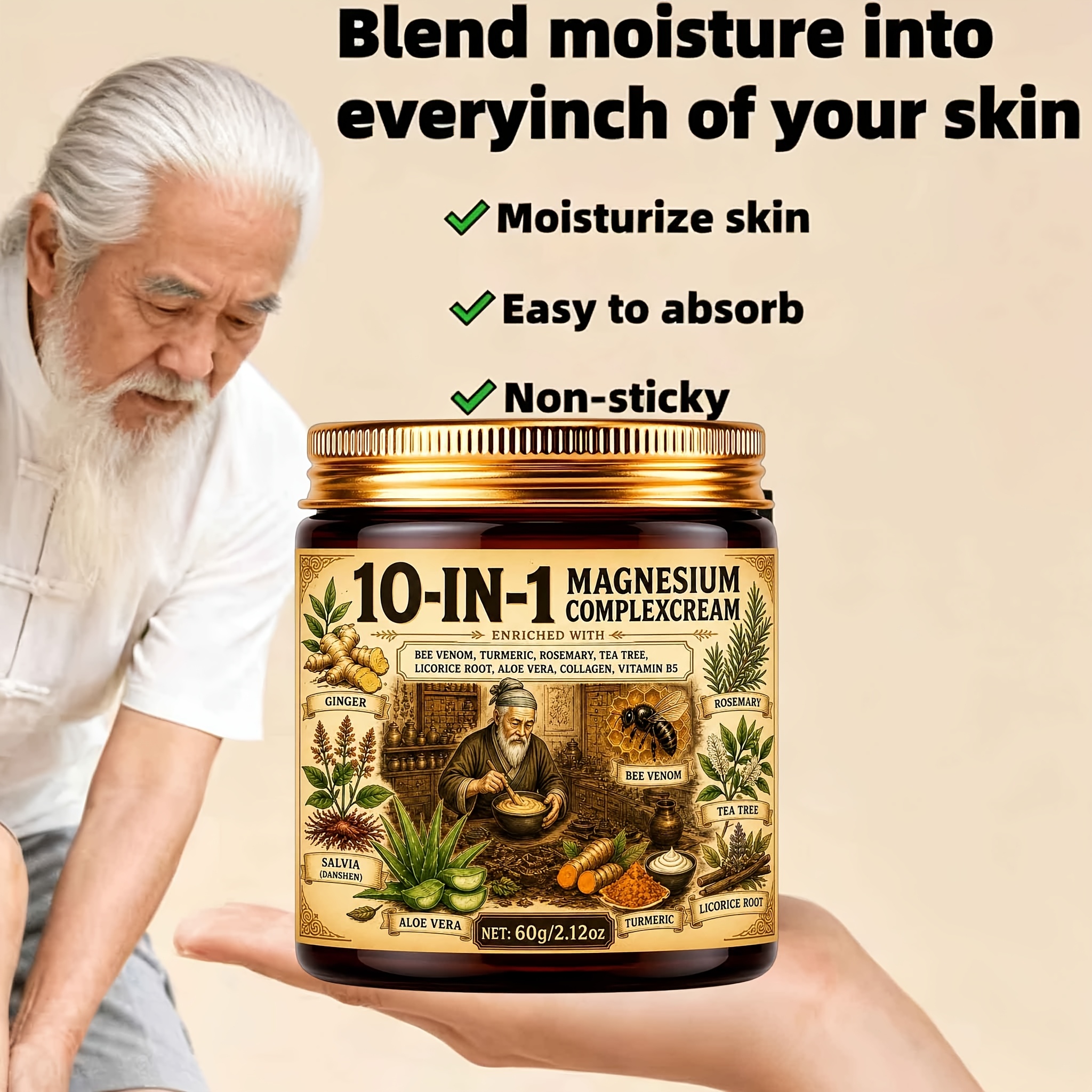 TEMU Powerful Concentrated 10in 1 Cream, Joint Skin Care Cream, Over 20 Natural Plant Extracts Bee Venom Magnesium Ginger Rosemary Miltiorrhiza Root