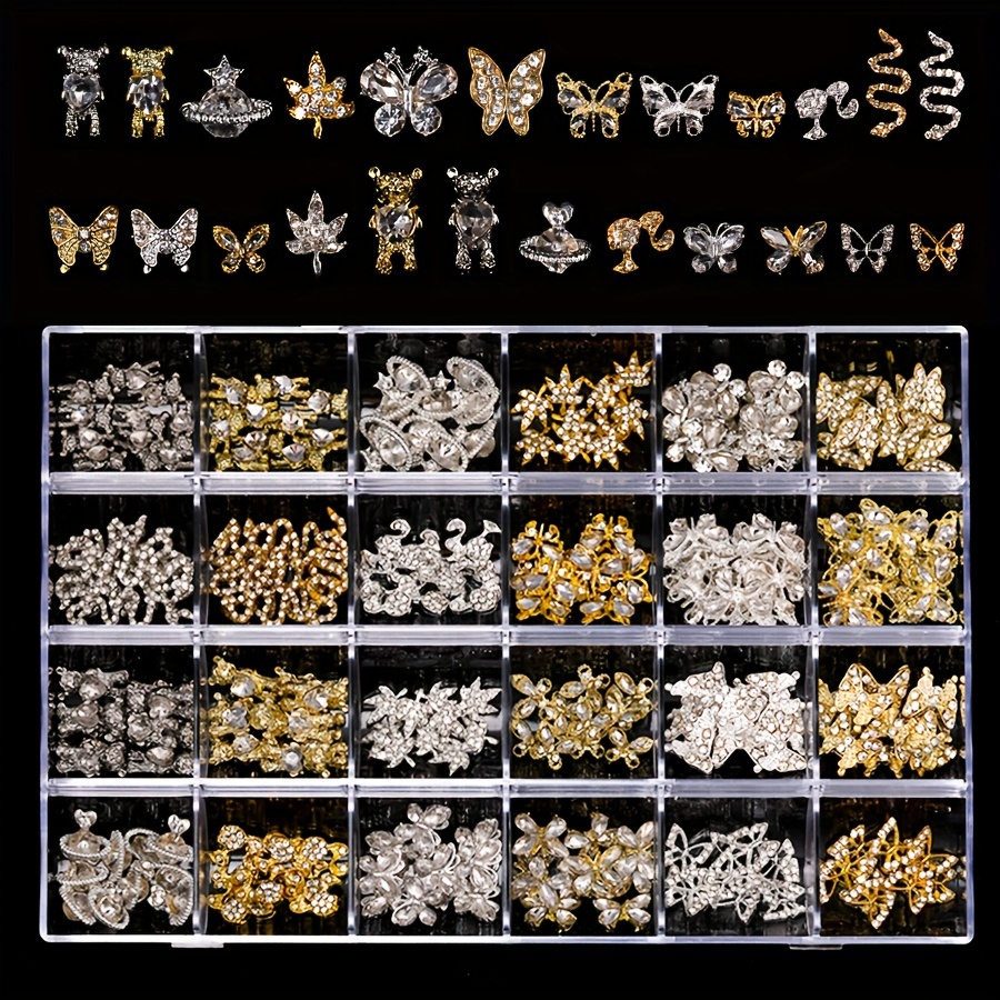 

240pcs Nail Art Charms Set, Rhinestones-encrusted Alloy Jewelry With Hollow Butterfly, Heart, Bear & Star Designs, Crystal Rhinestones Nail Decoration Accessories For Manicures And Pedicures