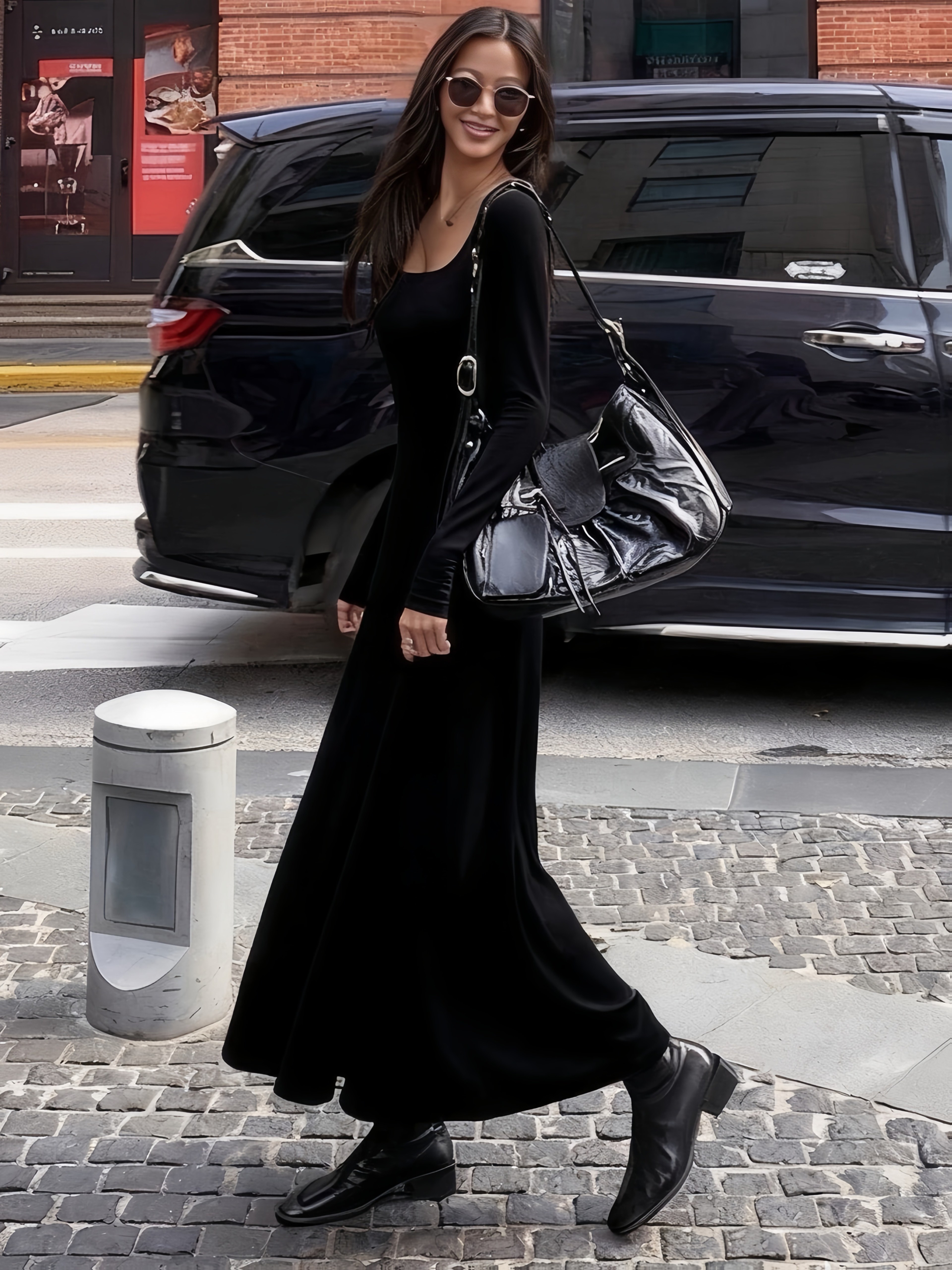 womens black square neck long sleeve dress elegant fit - Temu Mauritius