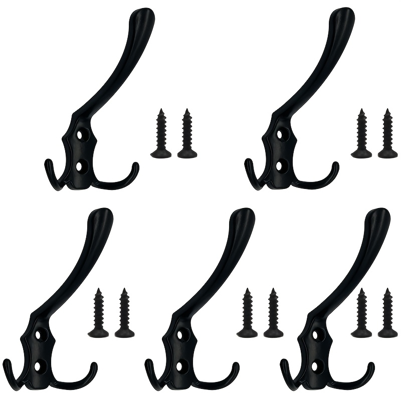 TEMU 15pcs Alloy Utility Hooks Set - 5pcs Double Prong Wall Mounted Hooks   10pcs Mounting Screws, Black Heavy Duty Hanging Hooks For Coat, Towel,